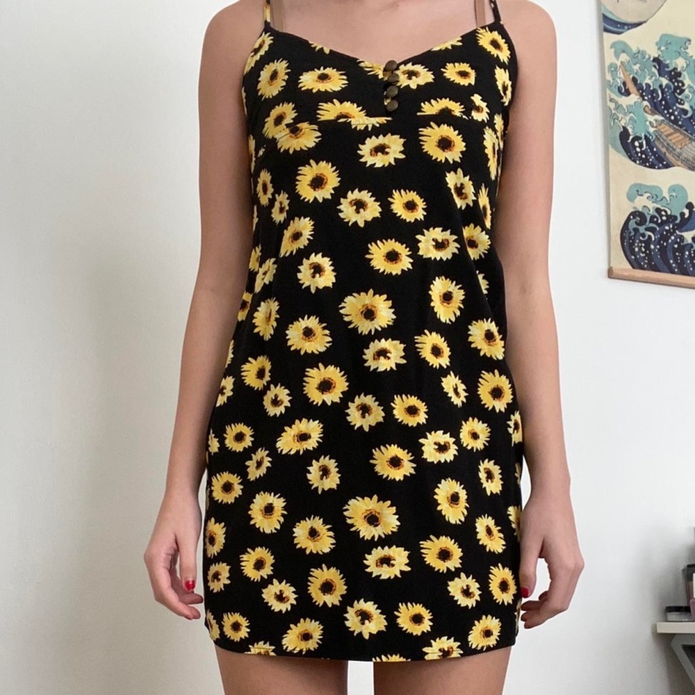Urban Outfitters Black Slip Dress with Yellow Sunflower Print